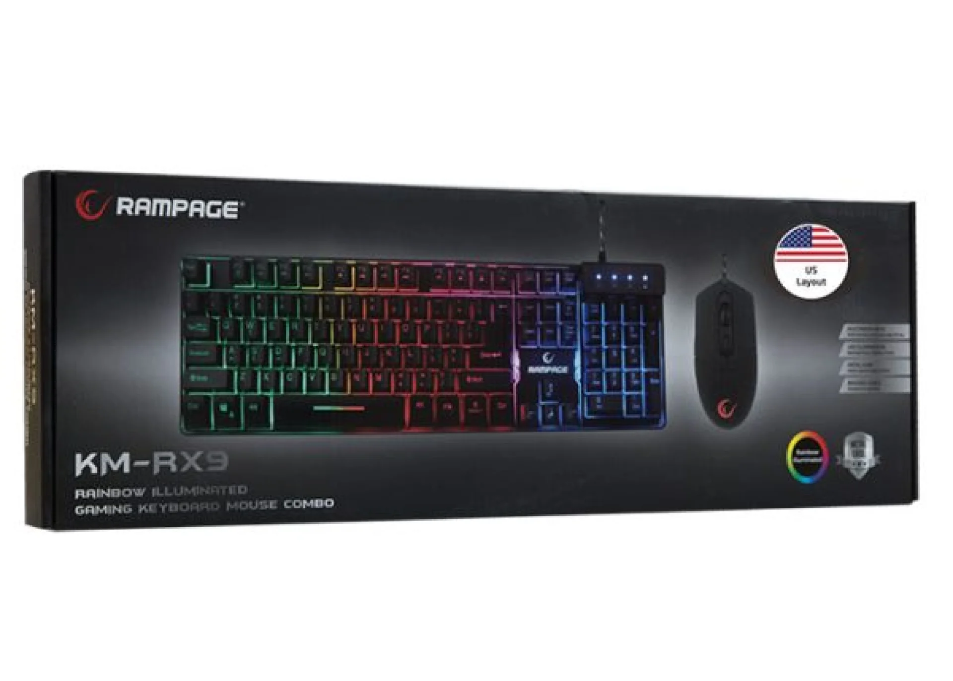 Rampage KM-RX9 Black Usb Rainbow Floor Backlight US Layout Standard Gaming Keyboard+ Mouse Set