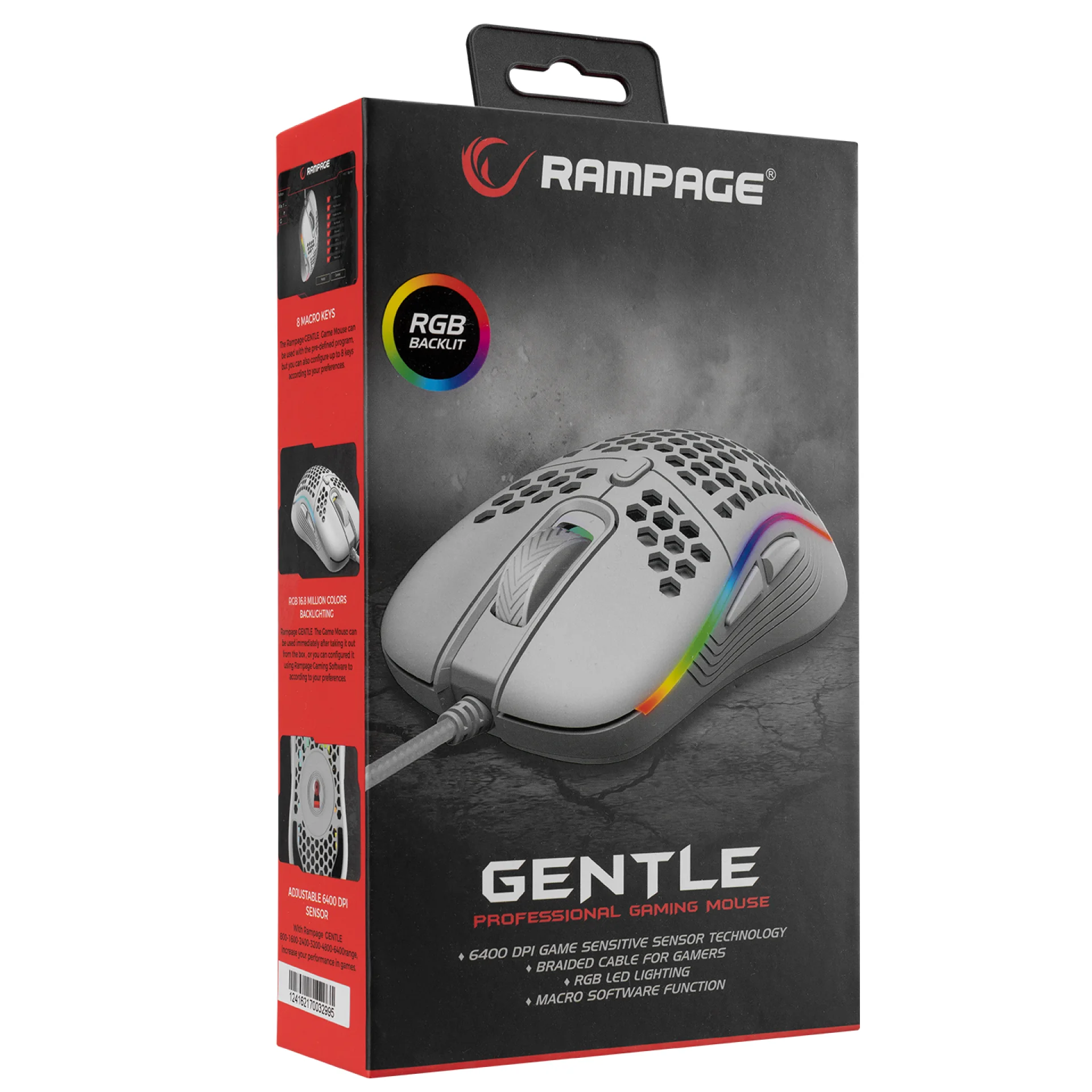 Rampage SMX-R85 GENTLE 6400dpi White RGB Led Super Light , Sunplus 6651, 8D, Programable Gaming Mouse (34576)